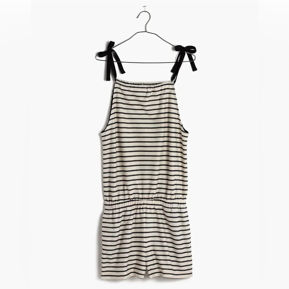 Madewell Tie Shoulder Romper in Stripe Pockets Size Small